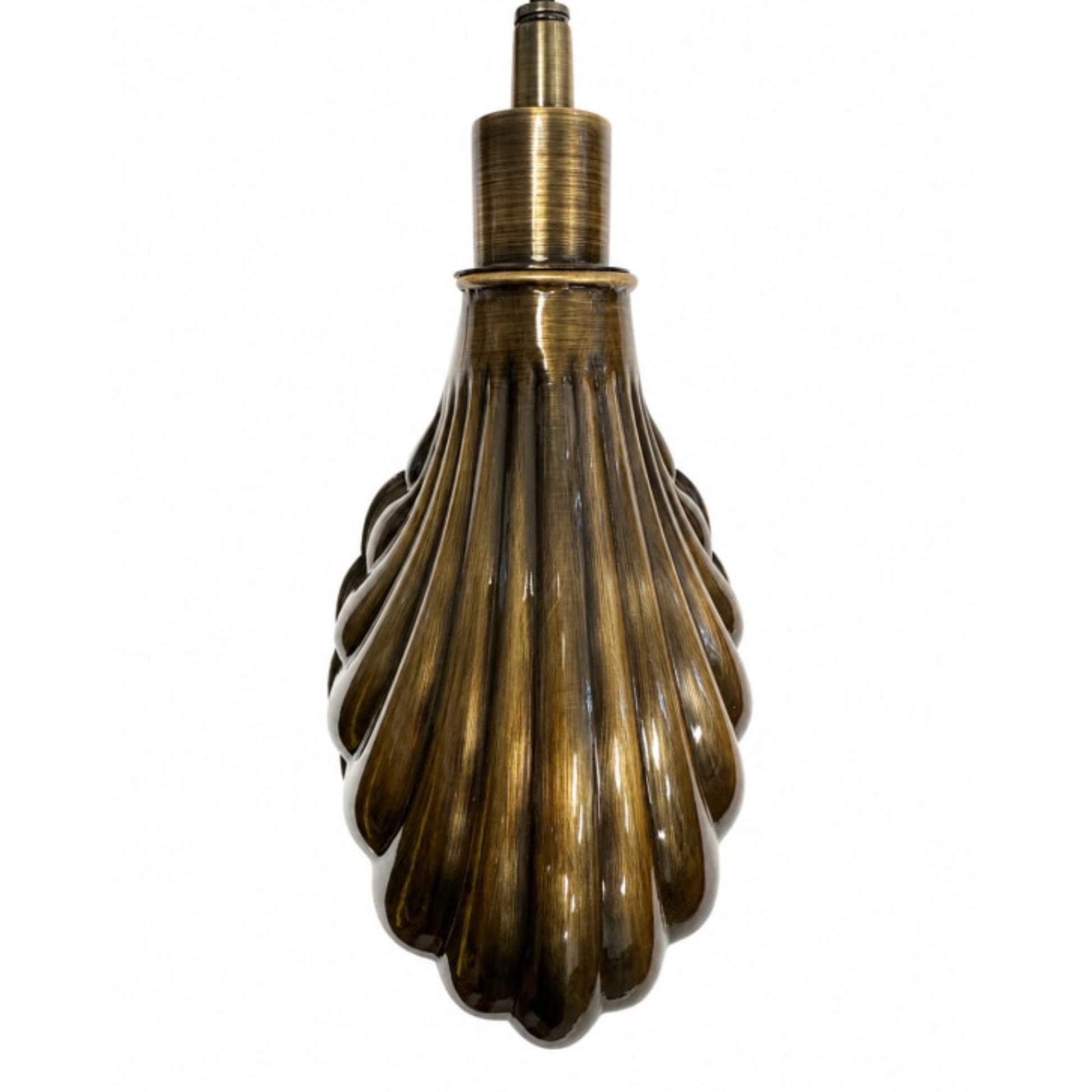 A vintage-style pendant light with a ribbed, teardrop-shaped glass shade in a warm bronze finish, suspended against a plain white background.