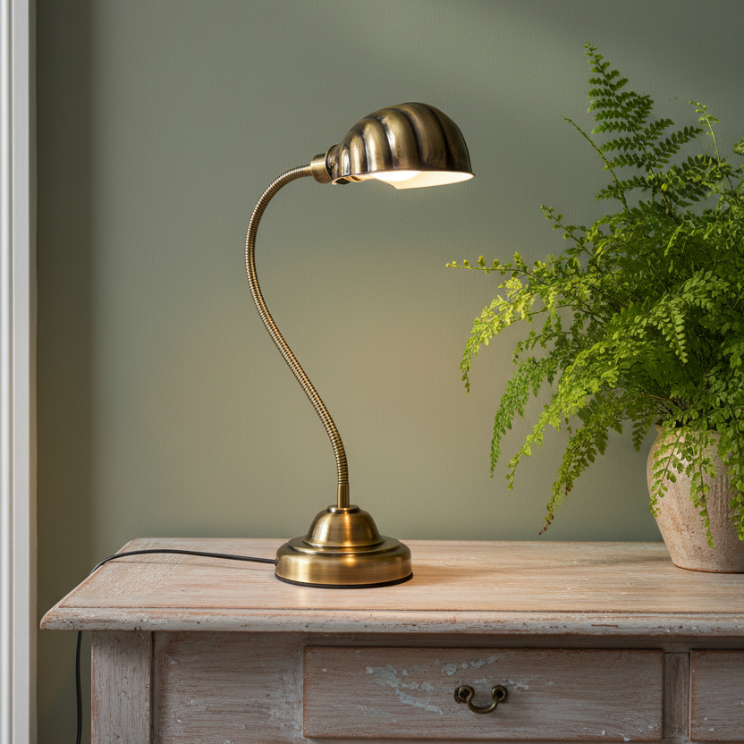A brass gooseneck table lamp with a ribbed dome shade sits on a distressed light wood console table next to a potted green fern against a sage green wall.