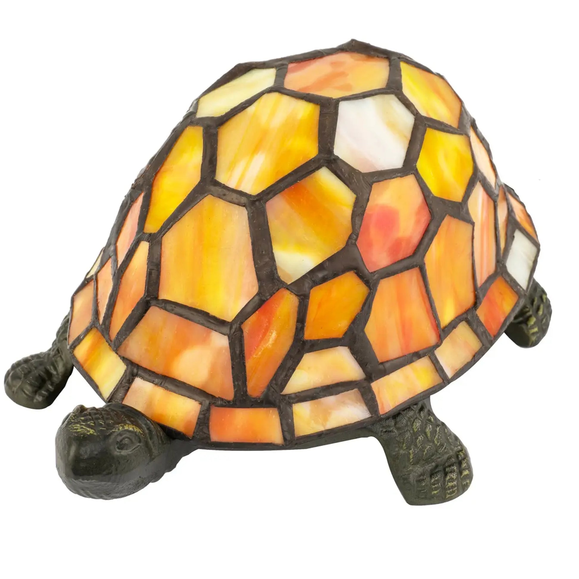 A stained-glass tortoise figurine with a mosaic shell in shades of yellow, orange, and white, separated by dark metal grout lines, on a plain white background.