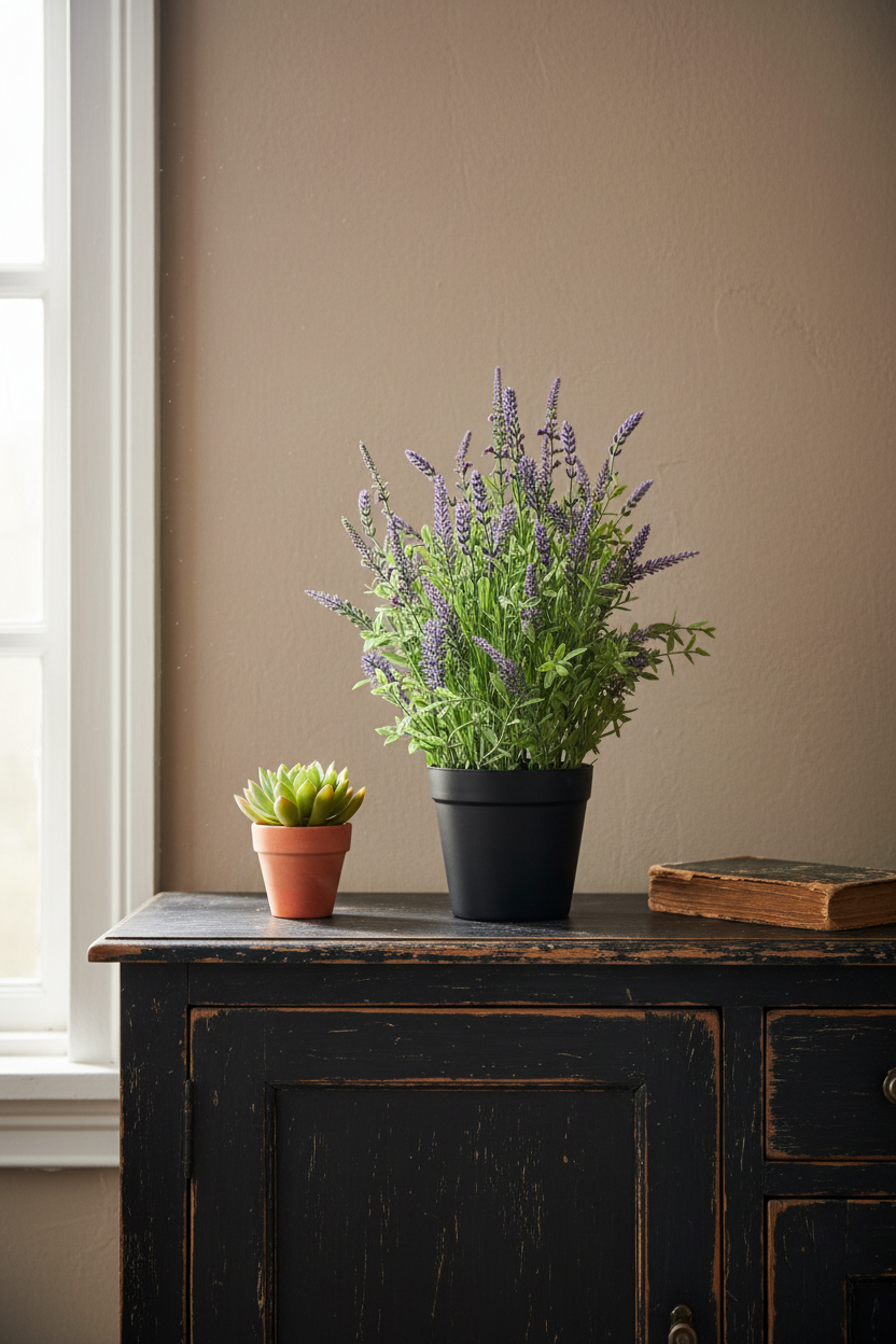 Potted plants on a wooden cabinet against a beige wall