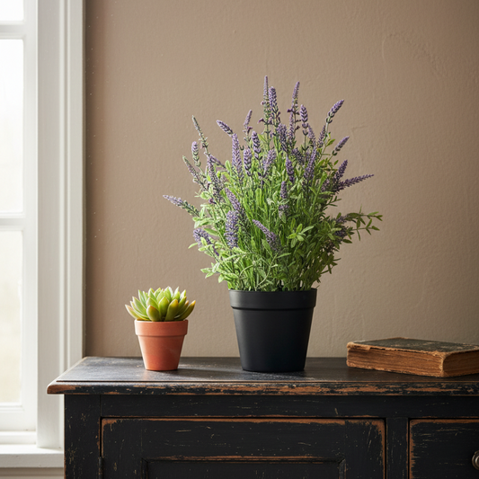 Two potted plants on a wooden surface with a book against a beige wall.
