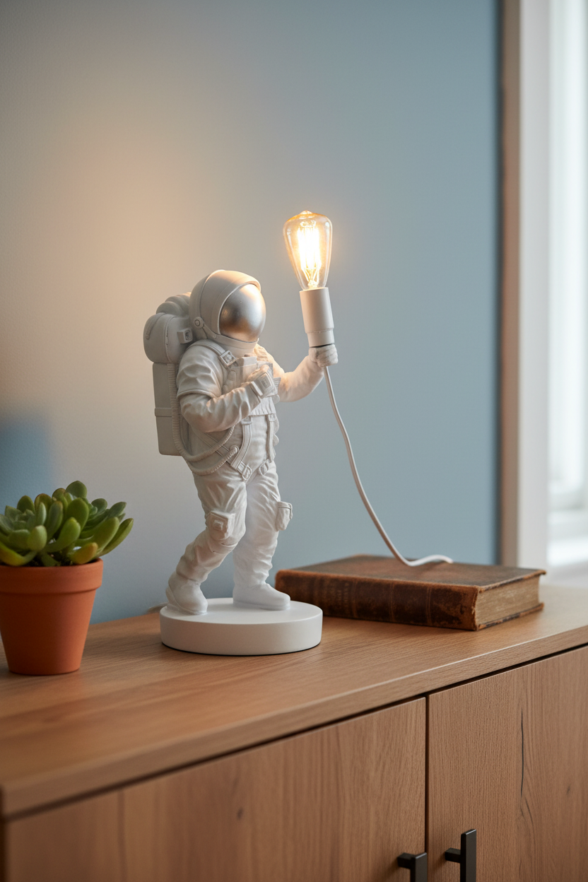 Astronaut lamp holding a light bulb on a wooden surface with a plant in the background.