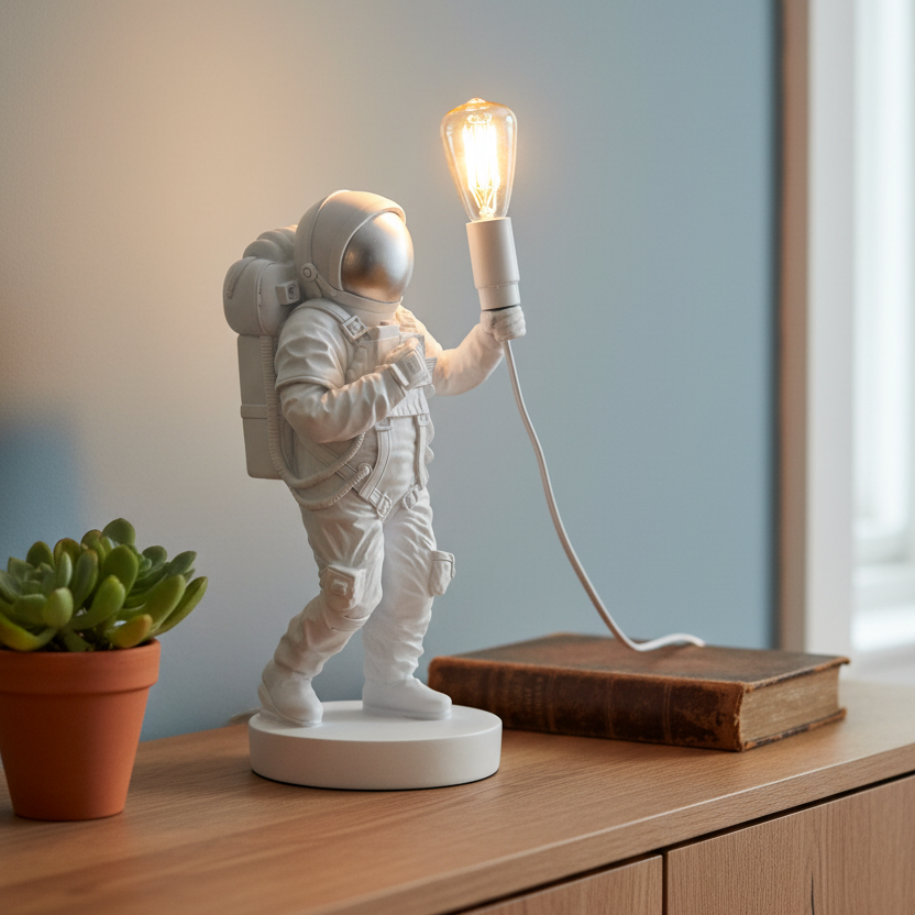 Spaceman lamp with a light bulb on a wooden surface next to a plant and book