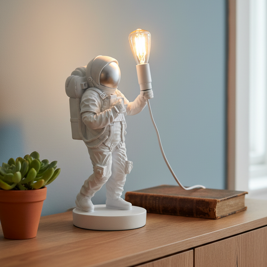 Spaceman lamp with a light bulb on a wooden surface next to a plant and book