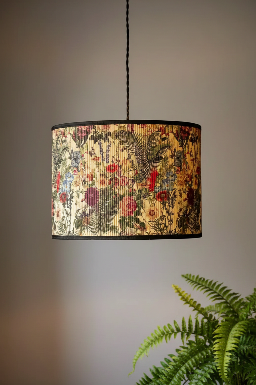 A cylindrical pendant lampshade with a dense botanical and floral print in red, green, blue, and beige, hanging against a neutral gray wall with a green fern in the foreground.