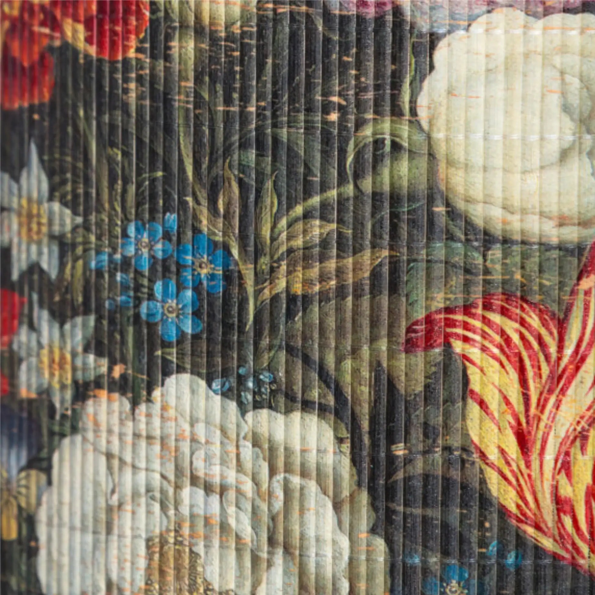 Close-up of a floral pattern with various flowers on a textured background