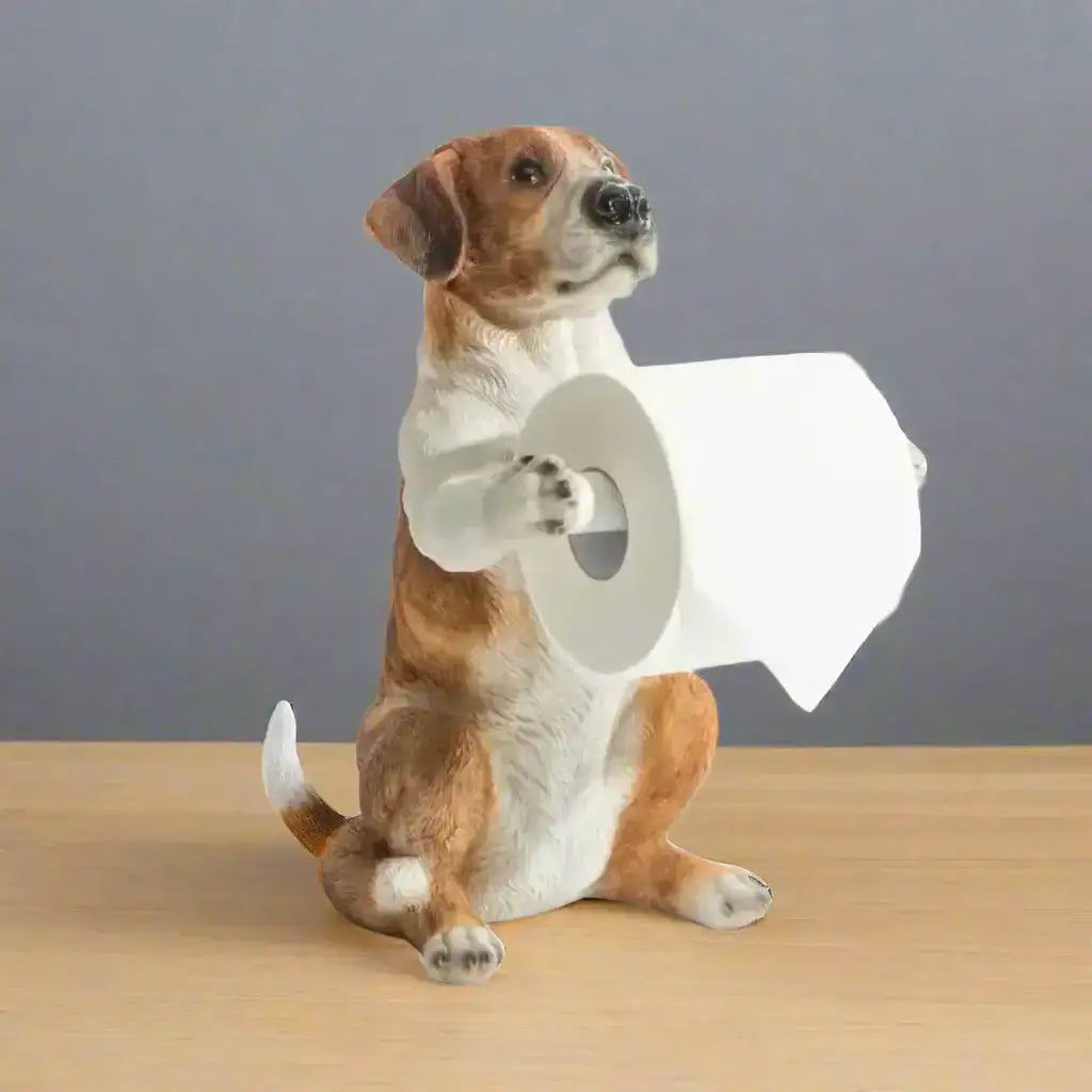 Dog figurine holding a silver disc on a white background