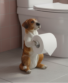 Dog-shaped object holding a roll of toilet paper in front of a toilet.