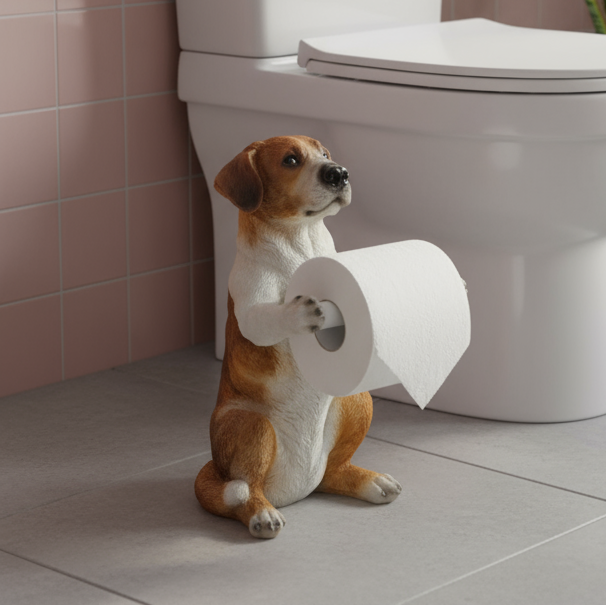 Dog-shaped object holding a roll of toilet paper in front of a toilet.