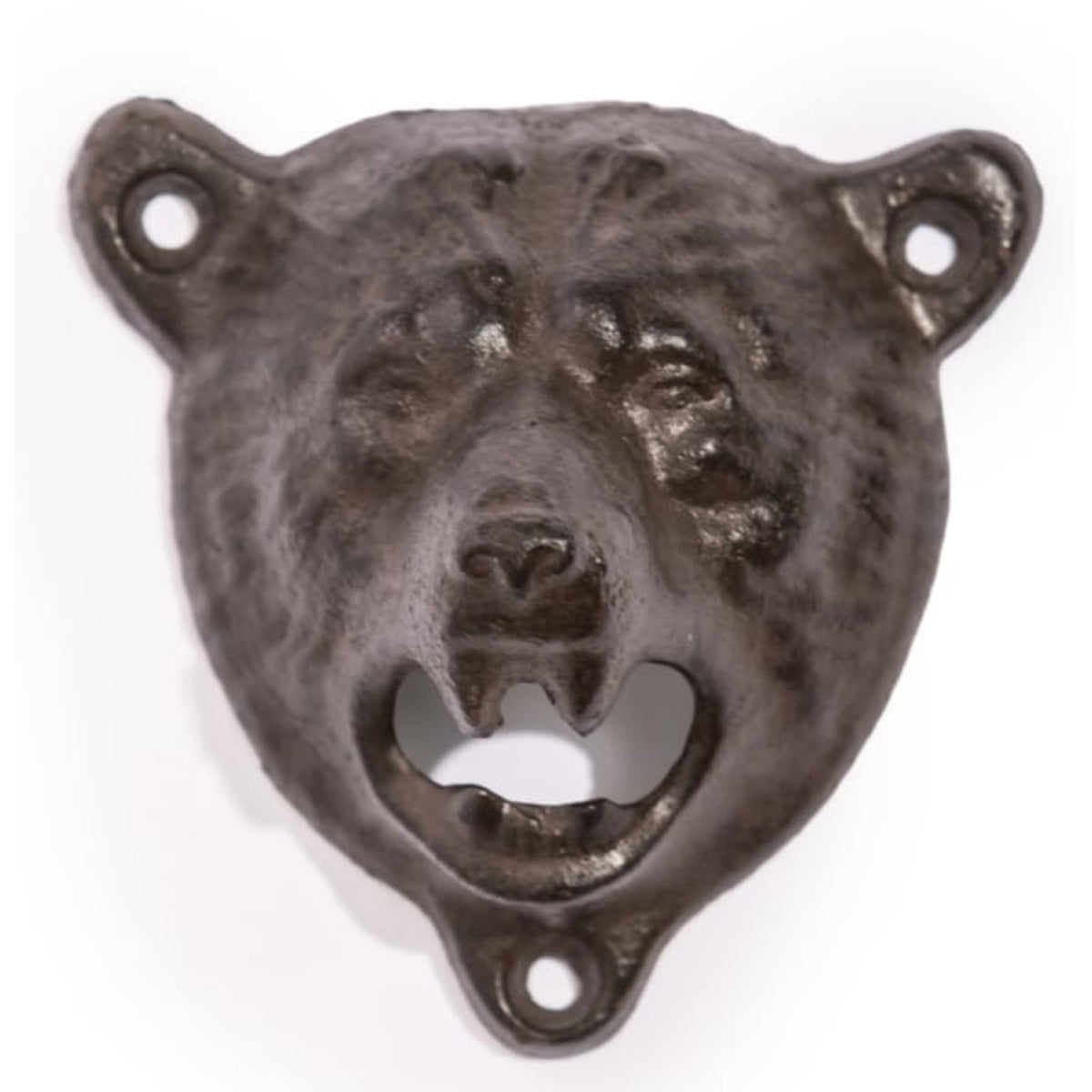A dark cast iron bear head wall bottle opener with a textured, rustic finish, featuring mounting holes on the ears and bottom, set against a plain white background.