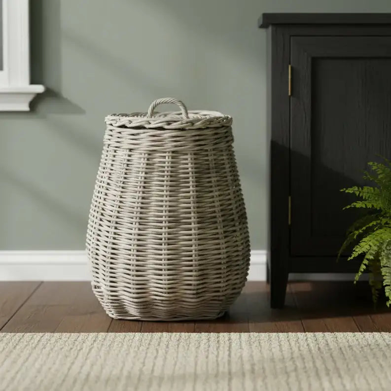 Wicker laundry basket on a wooden floor with a neutral wall and cabinet in the background