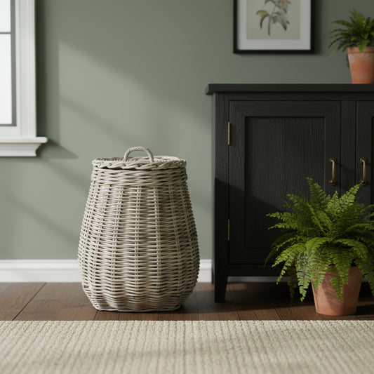 Wicker laundry basket with a lid on a white background