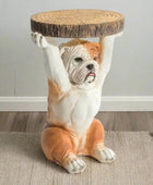 Bulldog-shaped side table with wooden top on a white background