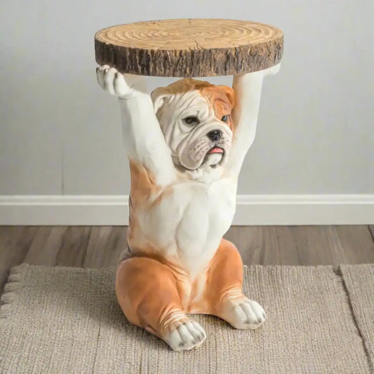 Bulldog-shaped side table with wooden top on a white background
