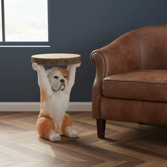 Table designed like a bulldog in a living room setting with a brown sofa and window.