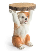 Bulldog-shaped side table with wooden top on a white background