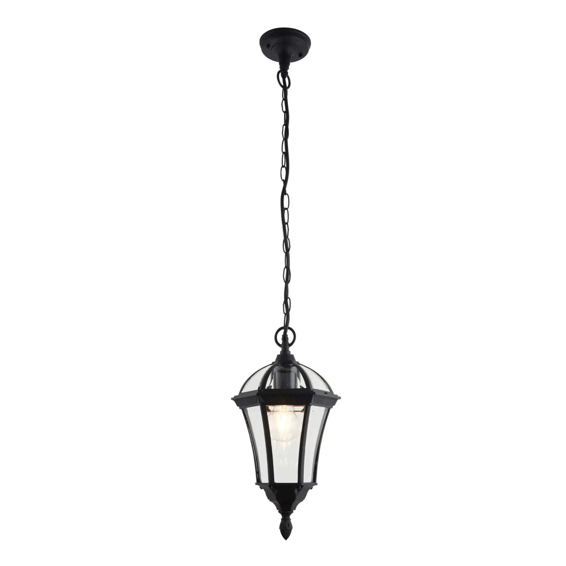 Black pendant light fixture on a white background