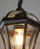 Close-up of a vintage-style outdoor light fixture with a clear glass cover.