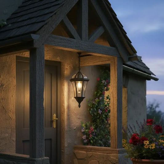 Stone building with a lantern and flowers at dusk