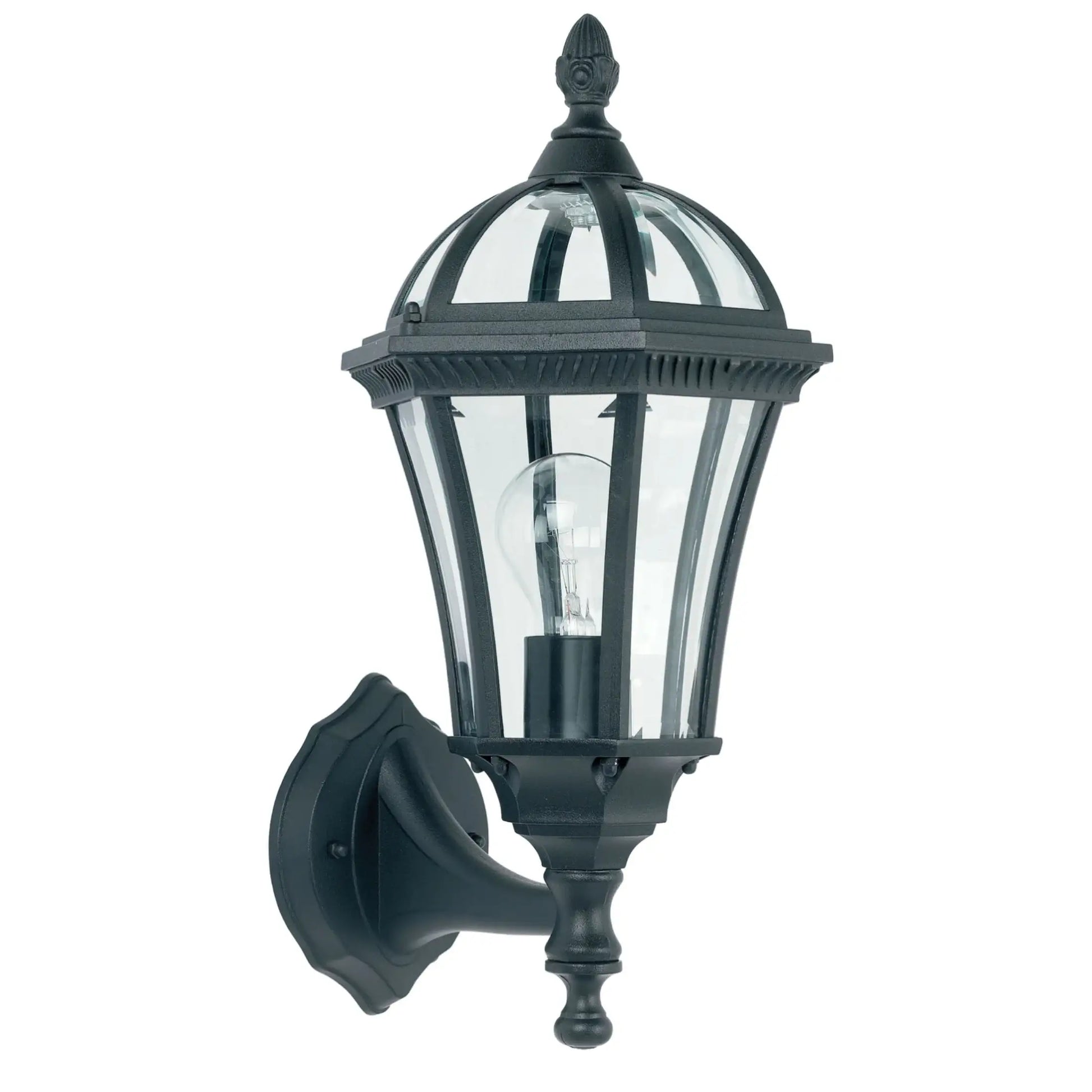 Black outdoor wall light fixture with clear glass on a white background