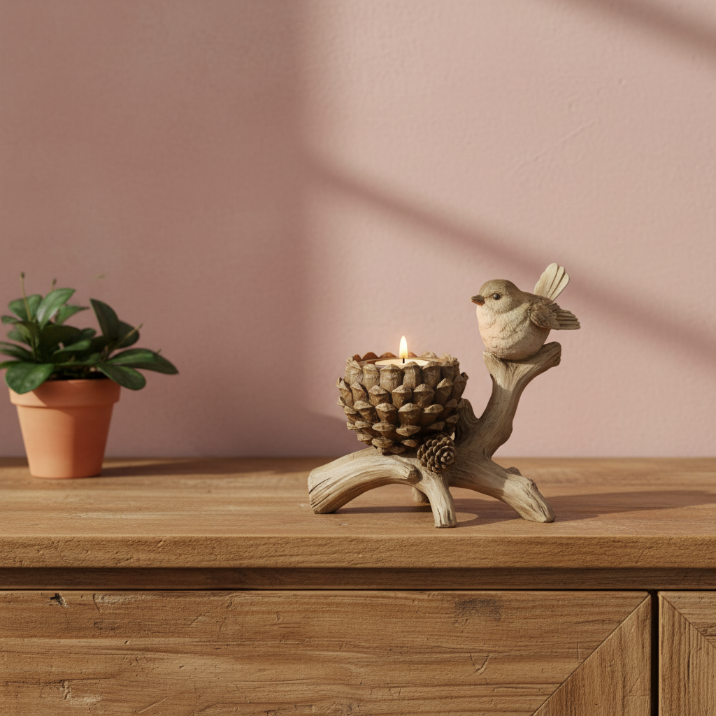 Decorative candle holder with a bird figurine on a wooden surface next to a potted plant.