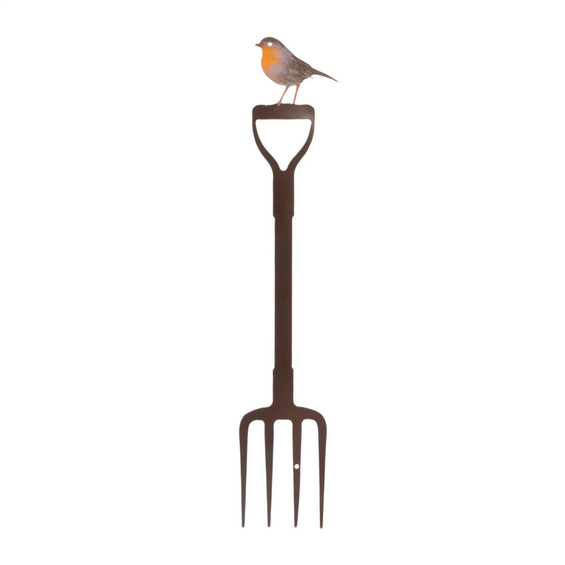 Garden fork with a robin perched on the handle against a white background