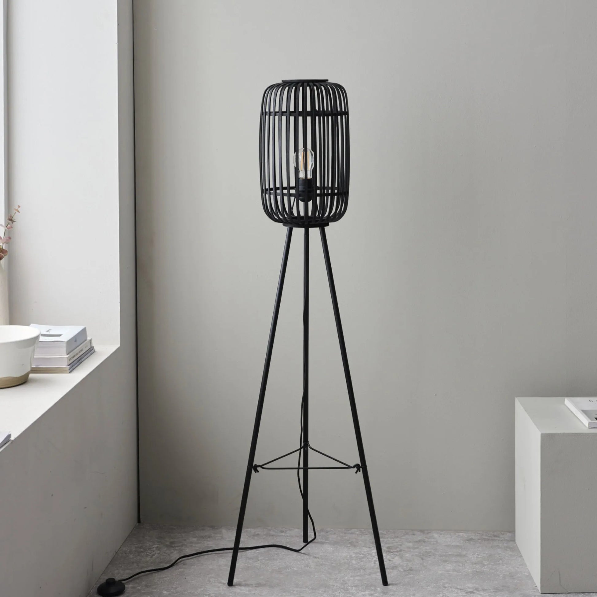 Black Bamboo & Metal Tripod Floor Lamp 5