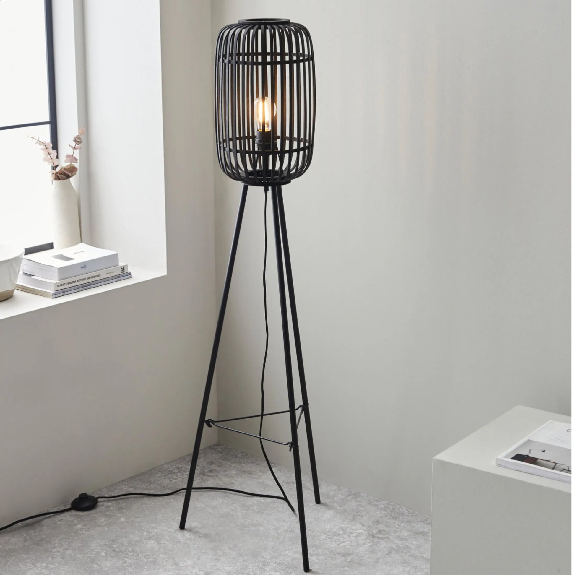 Black Bamboo & Metal Tripod Floor Lamp