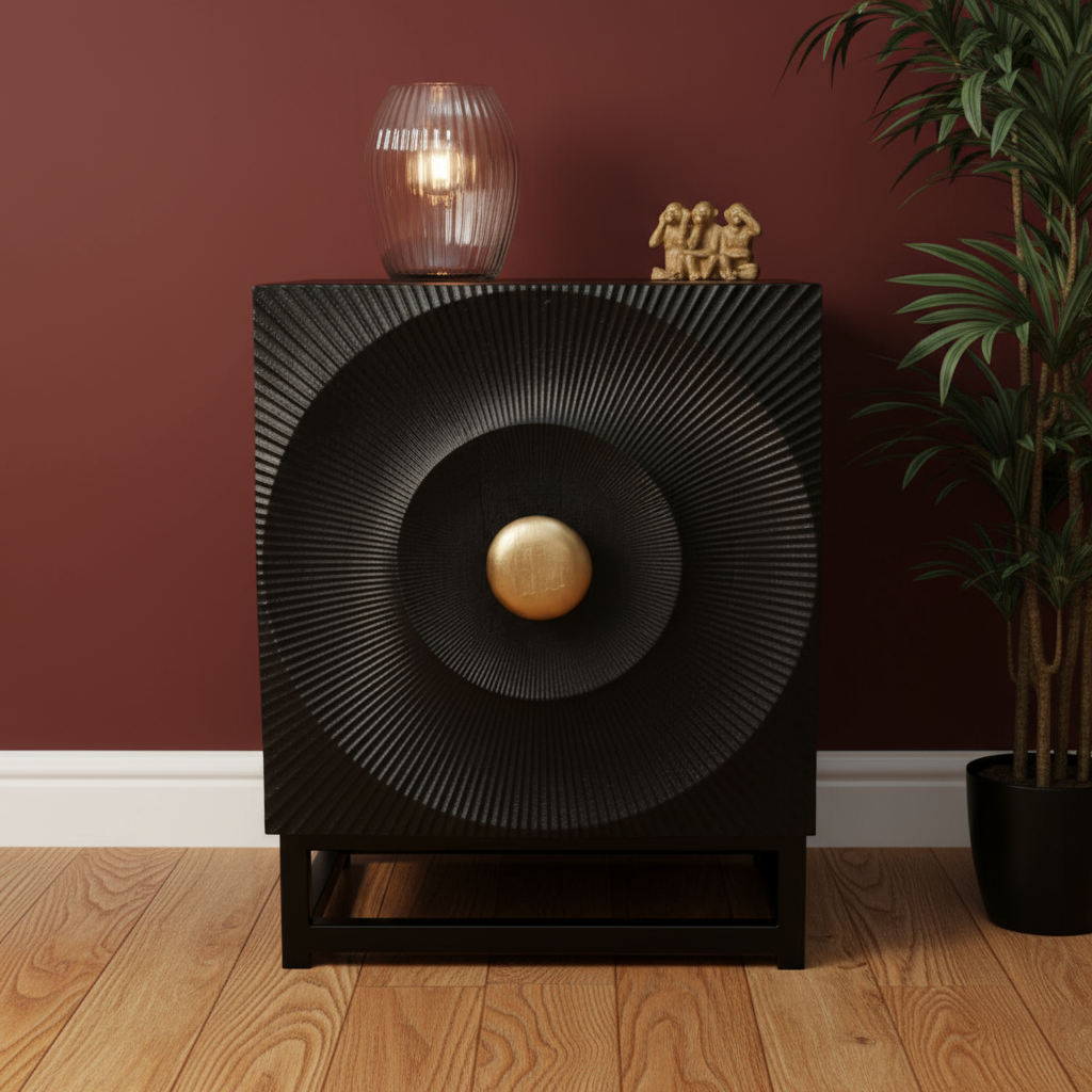 Decorative black speaker with gold center on a wooden floor against a red wall.