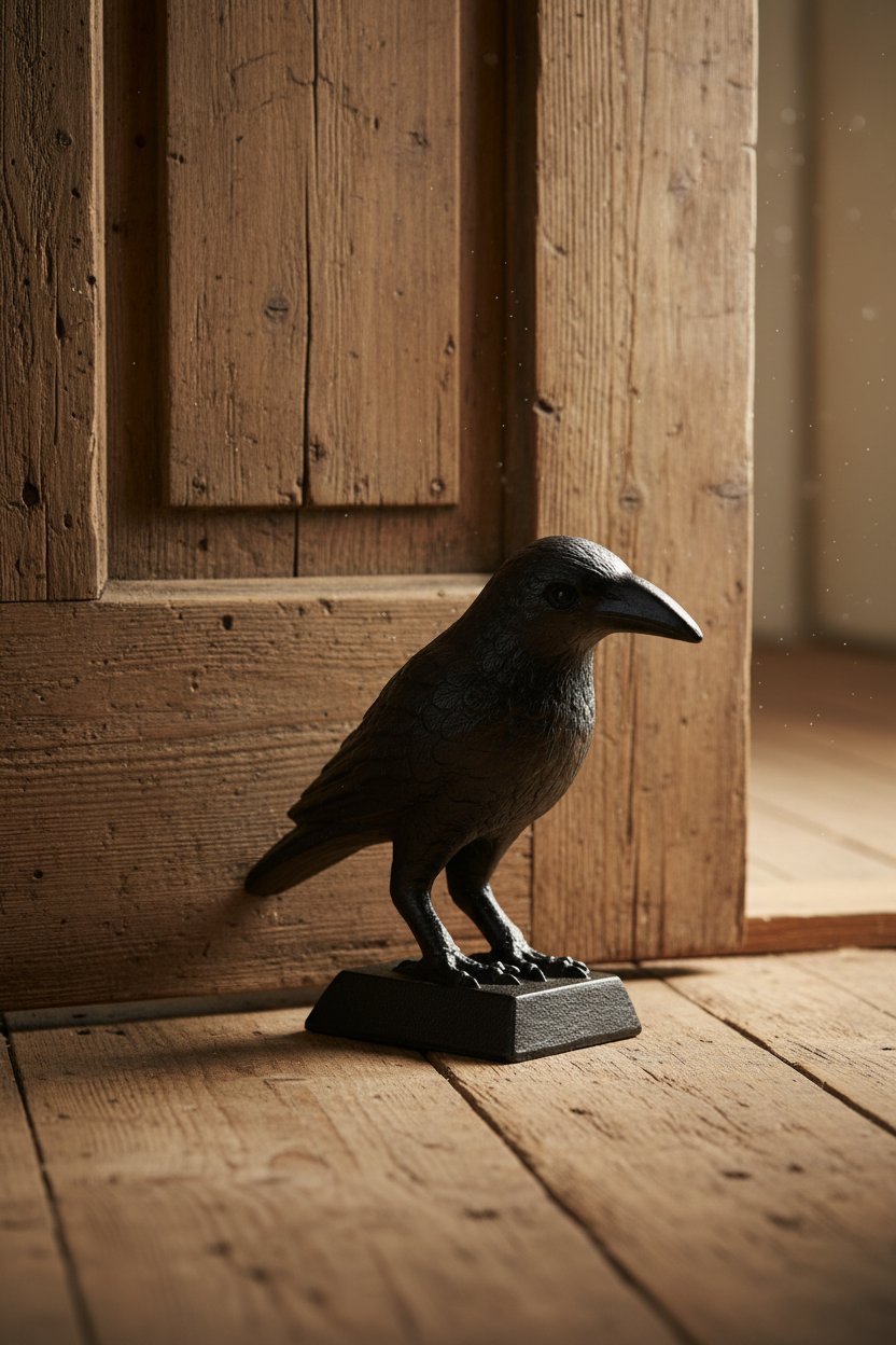 Decorative crow figure on a wooden floor with a wooden door in the background