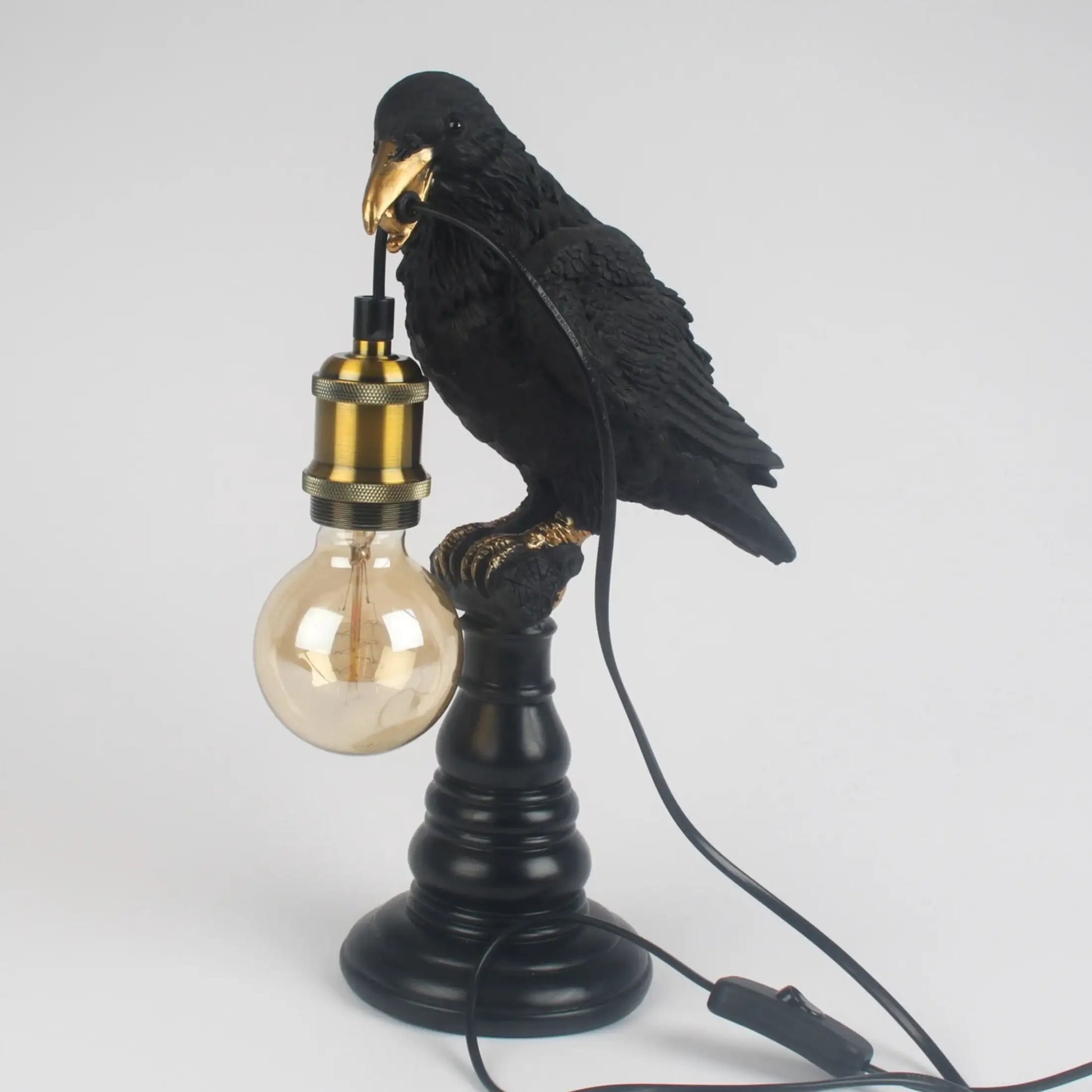 Black bird perched on a lamp with a light bulb, on a white background