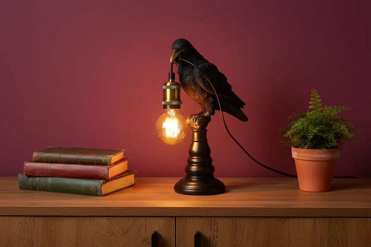 Decorative bird lamp on a wooden surface with books and a plant against a purple wall.