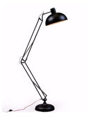 Black floor lamp with a long adjustable arm on a white background