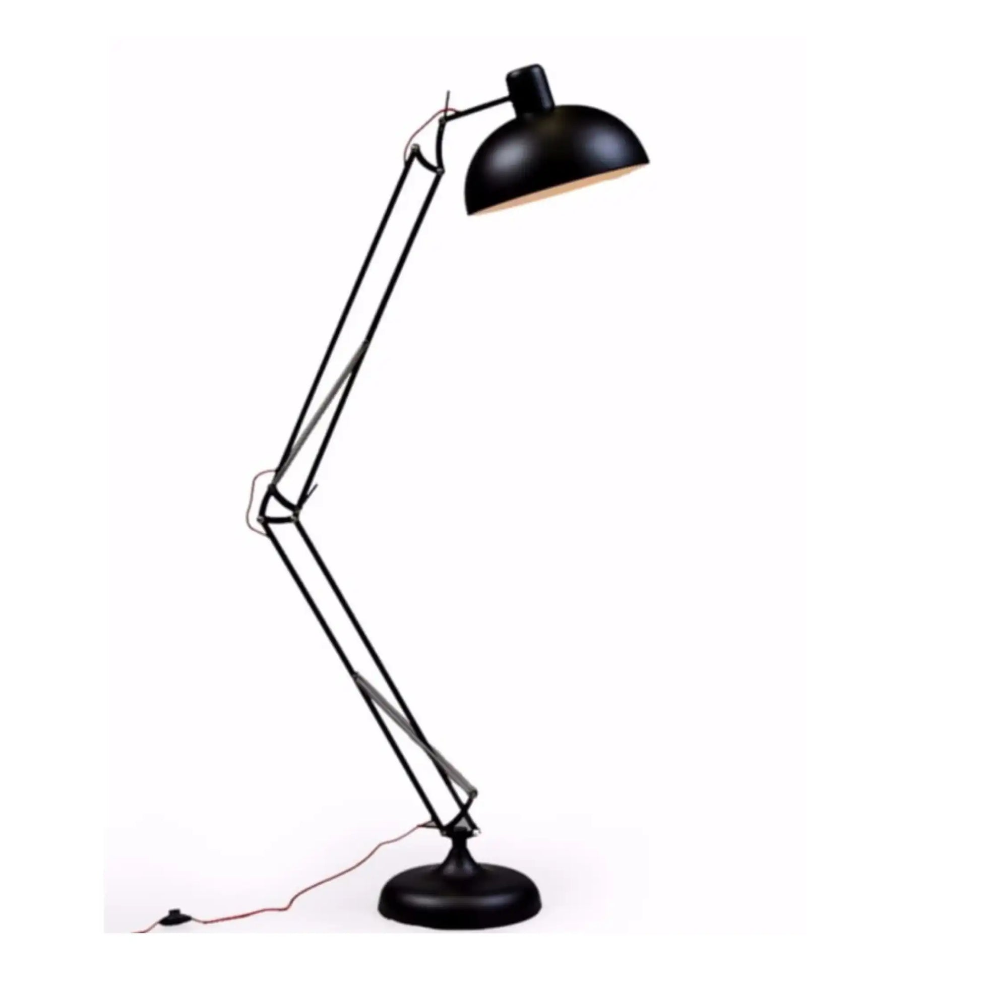 Black floor lamp with a long adjustable arm on a white background