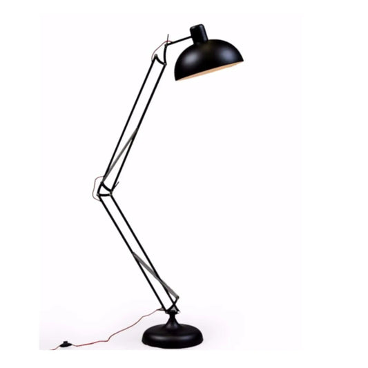 Black floor lamp with a long adjustable arm on a white background