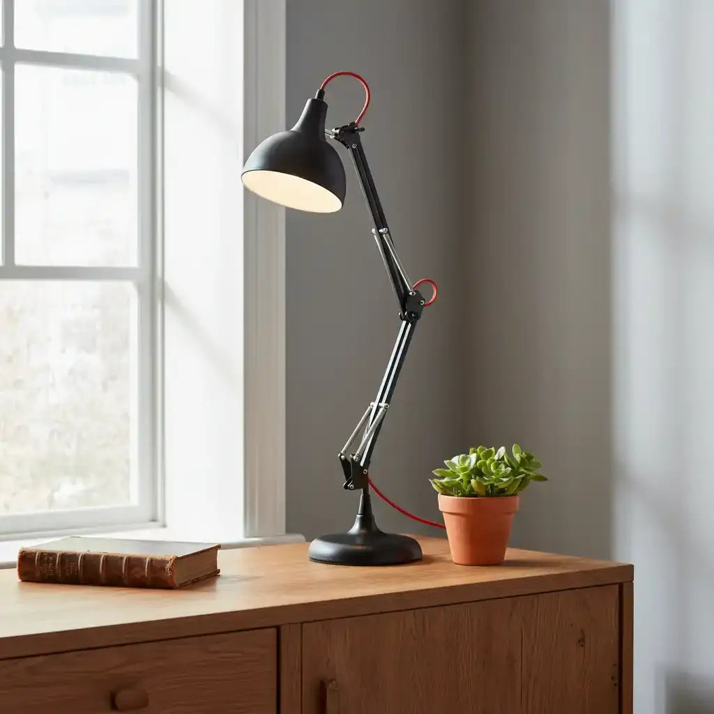 Black adjustable desk lamp on a wooden surface with a potted plant and book in a room with a window.