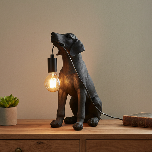 Dog-shaped table lamp with a light bulb on a wooden surface.