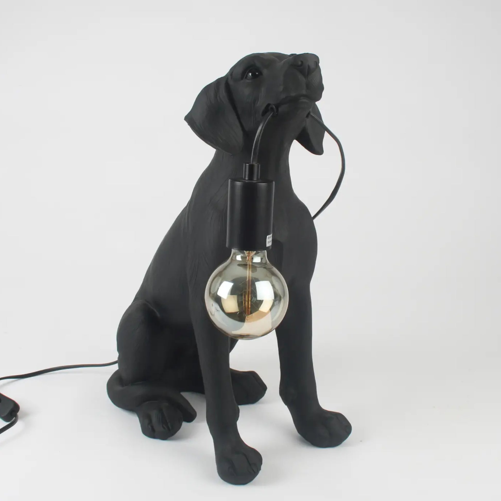 Black dog-shaped lamp with a light bulb inside on a white background
