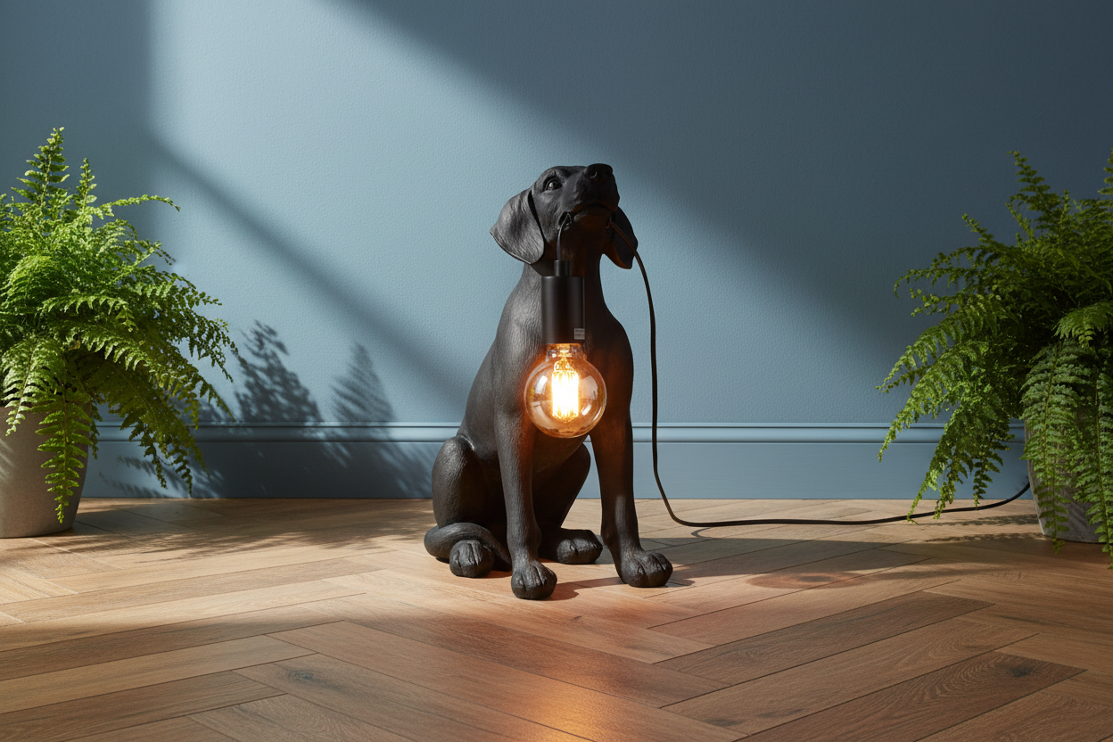 Dog-shaped lamp with a light bulb inside on a wooden floor with plants.