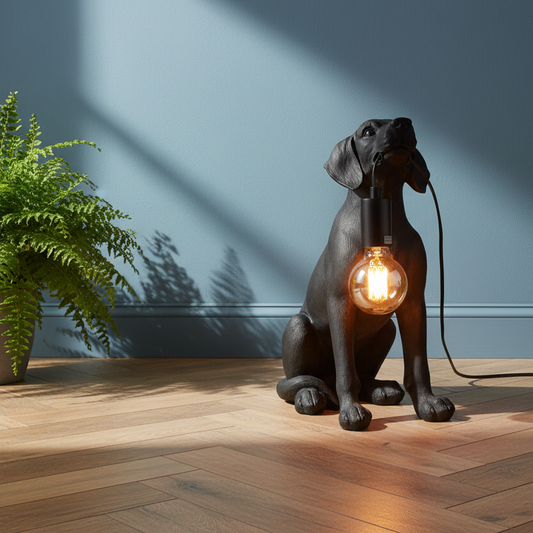 Dog-shaped lamp with a lit bulb on a wooden floor next to a plant.