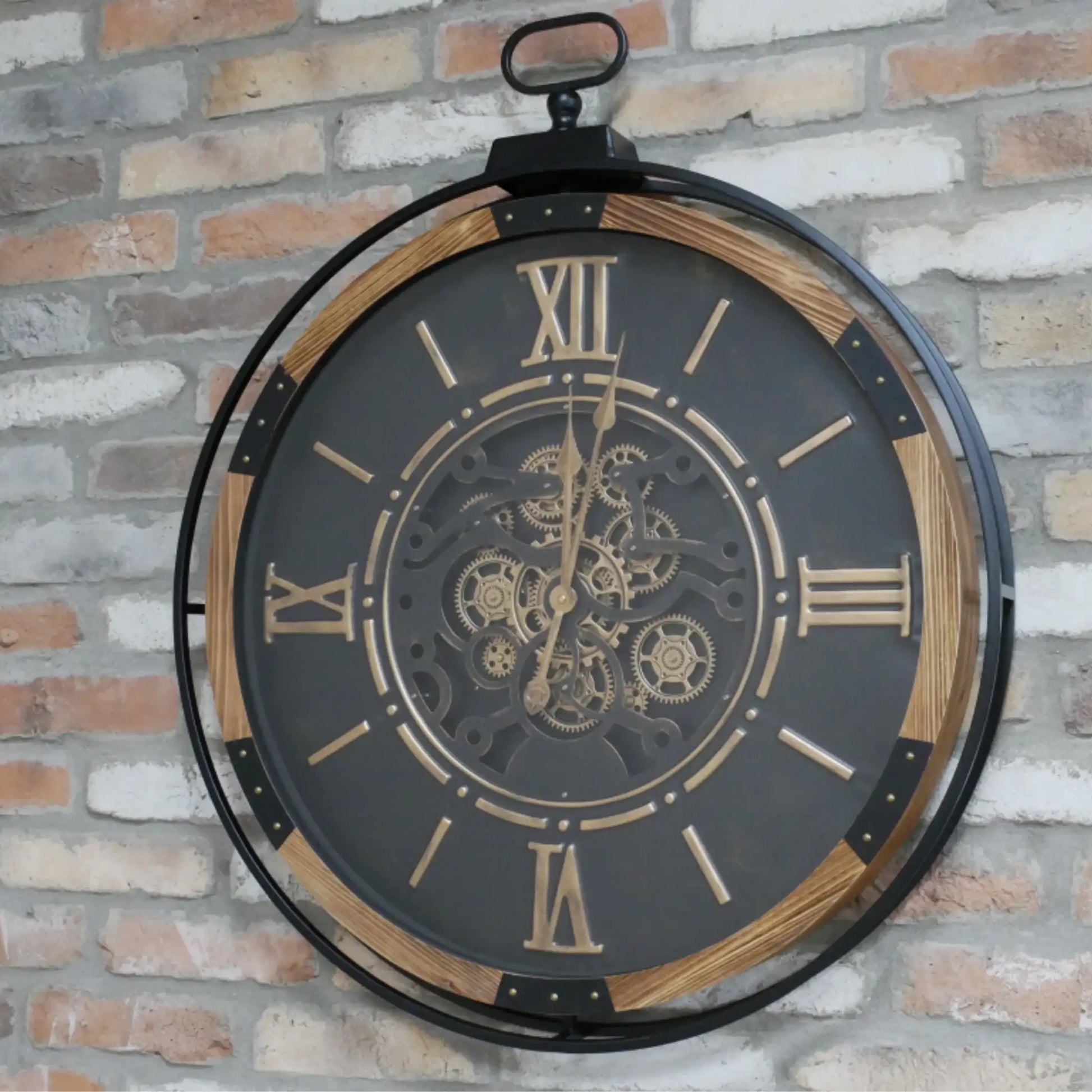 Decorative wall clock with mechanical design on a brick wall