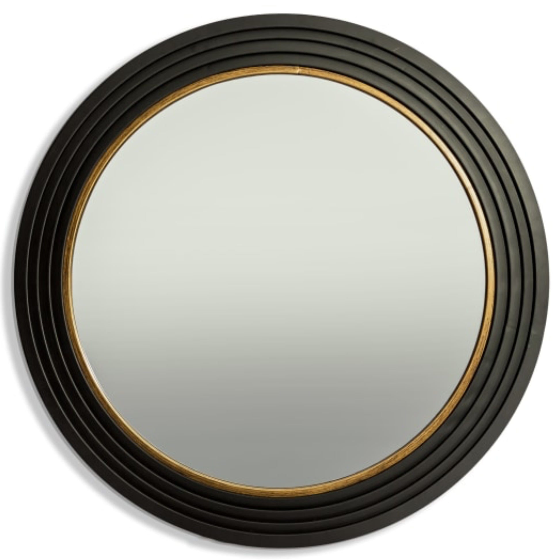 Round wall mirror with a dark textured frame and a thin gold inner trim, shown against a plain white background.