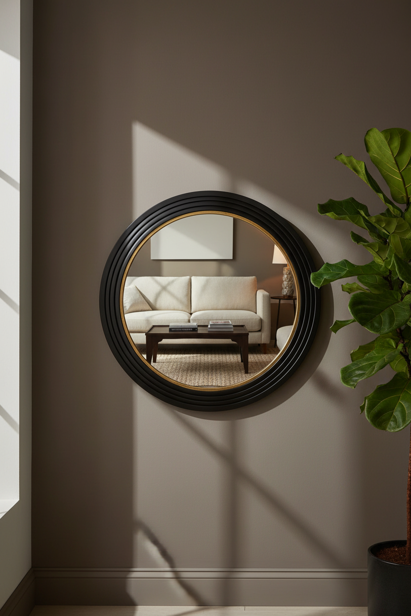 Round wall mirror with a black ribbed frame and gold inner trim, mounted on a taupe wall in a styled interior. The mirror reflects a living room with a cream sofa and coffee table, and a green potted plant stands to the right.