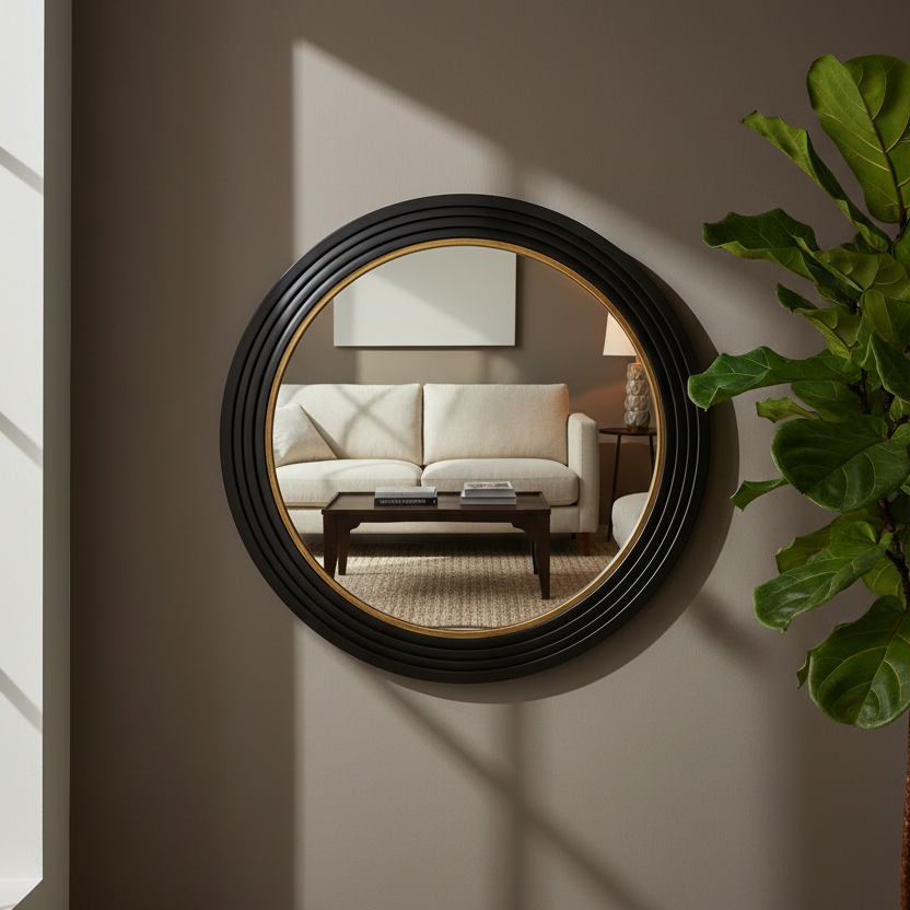 A round wall mirror with a thick black ribbed frame and a thin gold inner trim, mounted on a warm taupe wall. The mirror reflects a cozy living room scene with a cream sofa and a dark coffee table.