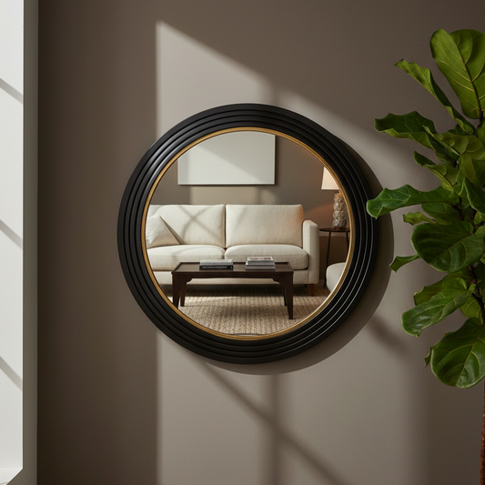 A round wall mirror with a thick black ribbed frame and a thin gold inner trim, mounted on a warm taupe wall. The mirror reflects a cozy living room scene with a cream sofa and a dark coffee table.
