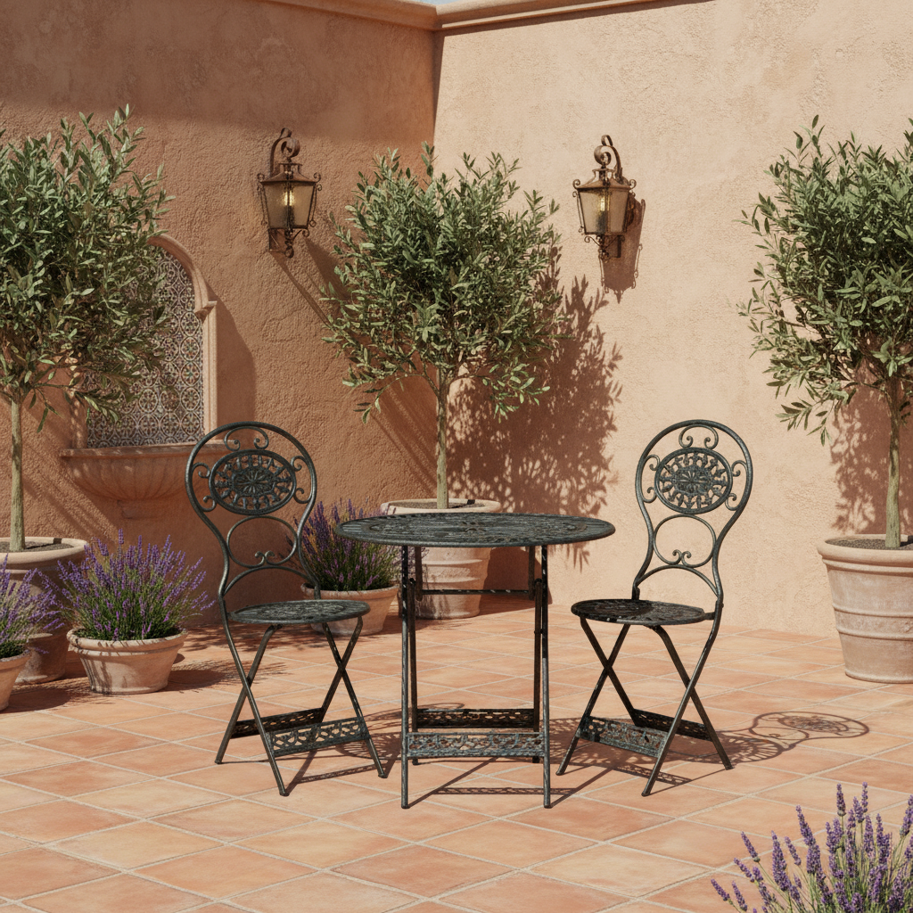 Outdoor patio set with table and chairs on a tiled floor against a wall with potted plants and a water feature.