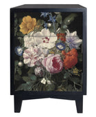 A black wooden nightstand featuring a detailed floral print on the front, set against a plain white background.