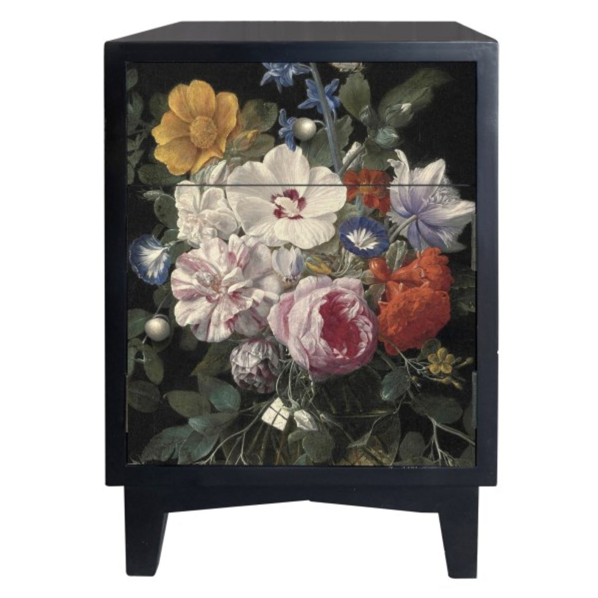 A black wooden nightstand featuring a detailed floral print on the front, set against a plain white background.