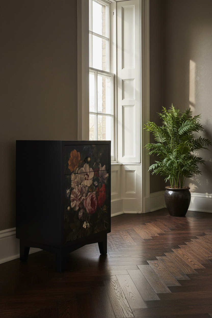 A dark wooden cabinet with a vintage-style floral print on the front, placed in a room with dark wood floors, a tall potted fern, and a tall window.
