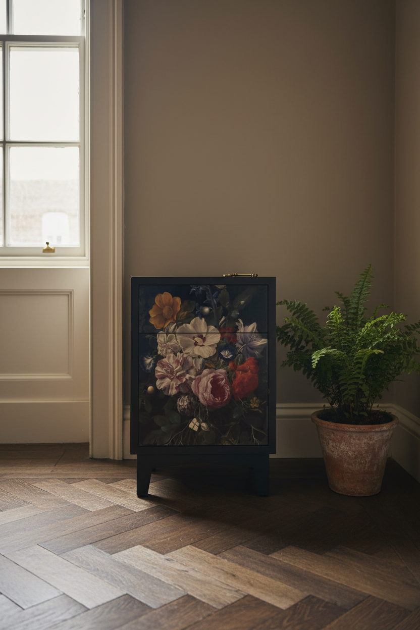 A dark wooden cabinet with a vibrant, colorful floral print on the front, styled in a room corner next to a potted fern on a herringbone wood floor.